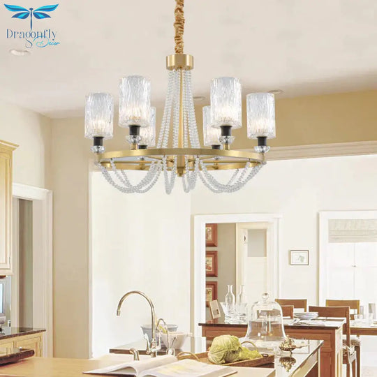 Cylinder Water Glass Pendant Light Simple Style 6 Heads Living Room Chandelier Lighting In Gold