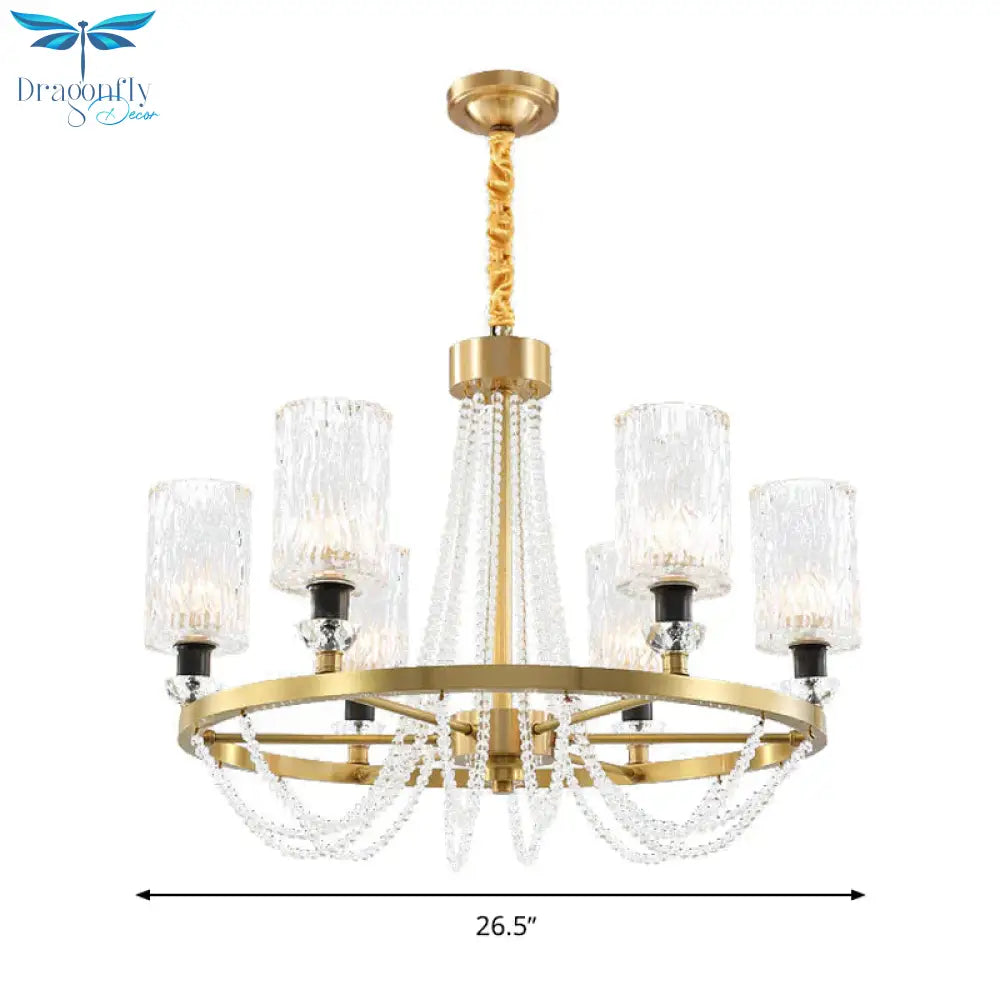 Cylinder Water Glass Pendant Light Simple Style 6 Heads Living Room Chandelier Lighting In Gold