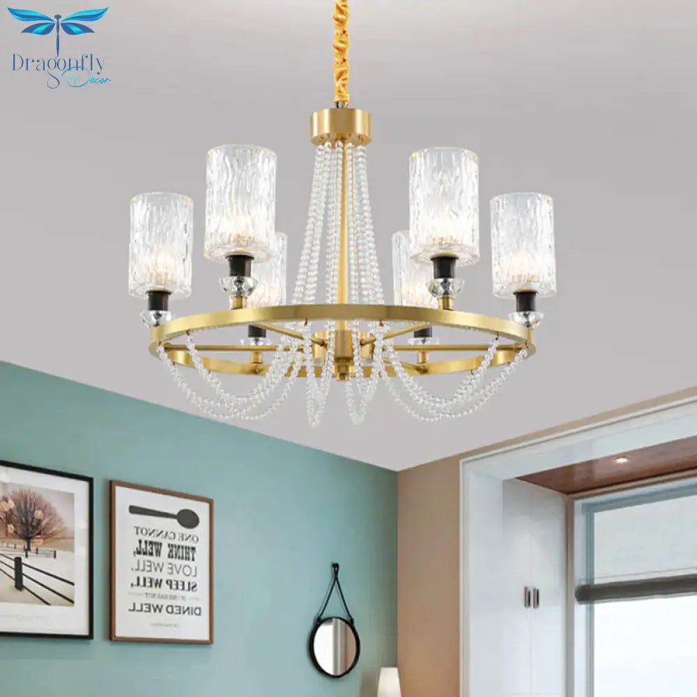 Cylinder Water Glass Pendant Light Simple Style 6 Heads Living Room Chandelier Lighting In Gold