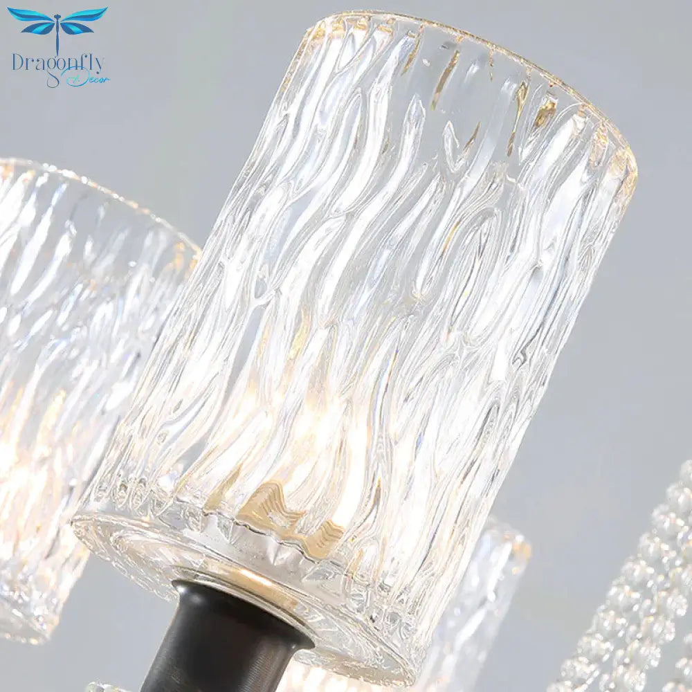 Cylinder Water Glass Pendant Light Simple Style 6 Heads Living Room Chandelier Lighting In Gold