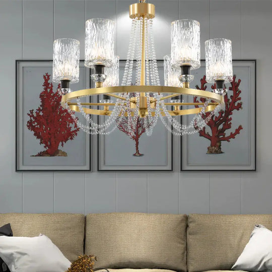 Cylinder Water Glass Pendant Light Simple Style 6 Heads Living Room Chandelier Lighting In Gold