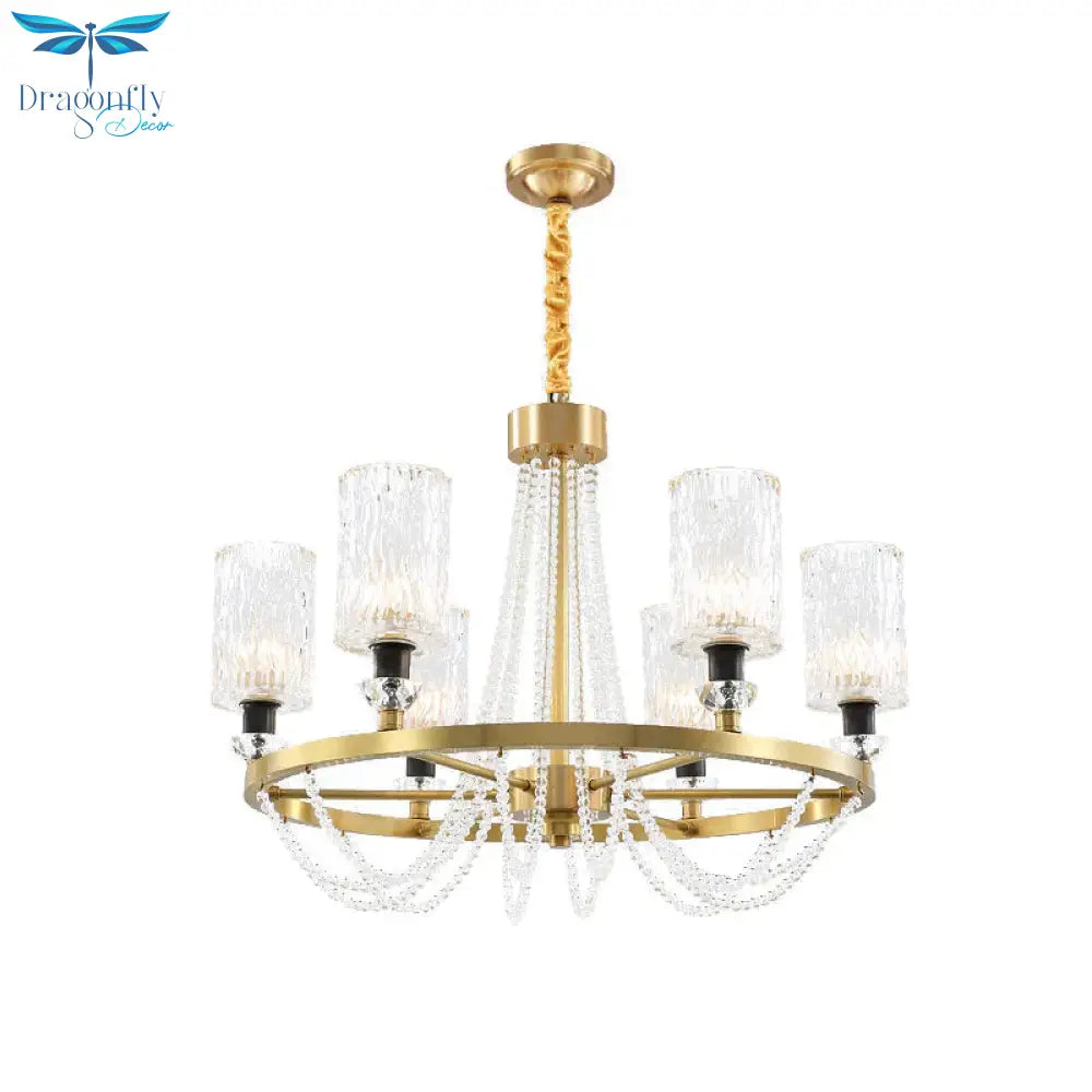 Cylinder Water Glass Pendant Light Simple Style 6 Heads Living Room Chandelier Lighting In Gold