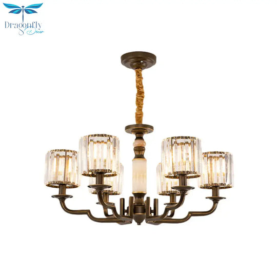 Cylindrical Bedchamber Hanging Fixture Traditional Crystal 3/6 Bulbs Black Ceiling Chandelier