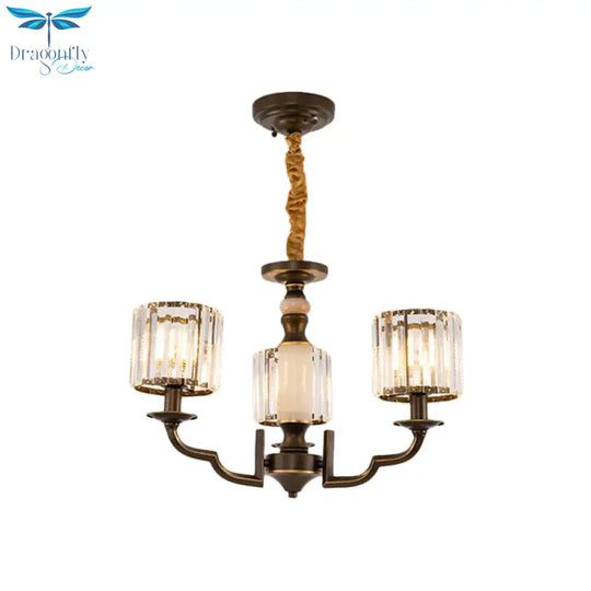 Cylindrical Bedchamber Hanging Fixture Traditional Crystal 3/6 Bulbs Black Ceiling Chandelier