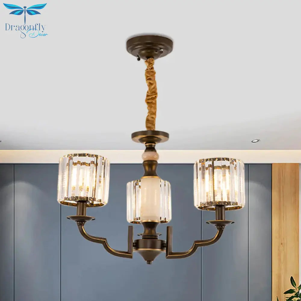 Cylindrical Bedchamber Hanging Fixture Traditional Crystal 3/6 Bulbs Black Ceiling Chandelier