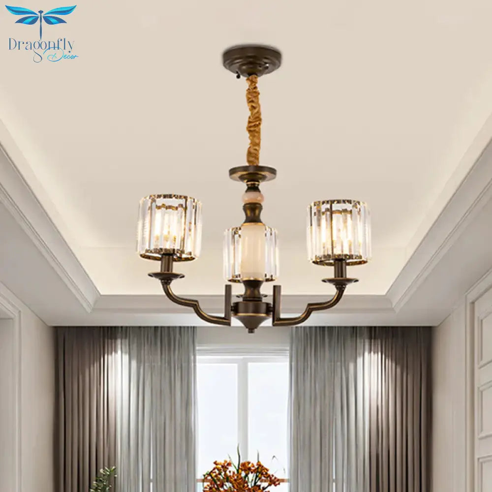Cylindrical Bedchamber Hanging Fixture Traditional Crystal 3/6 Bulbs Black Ceiling Chandelier