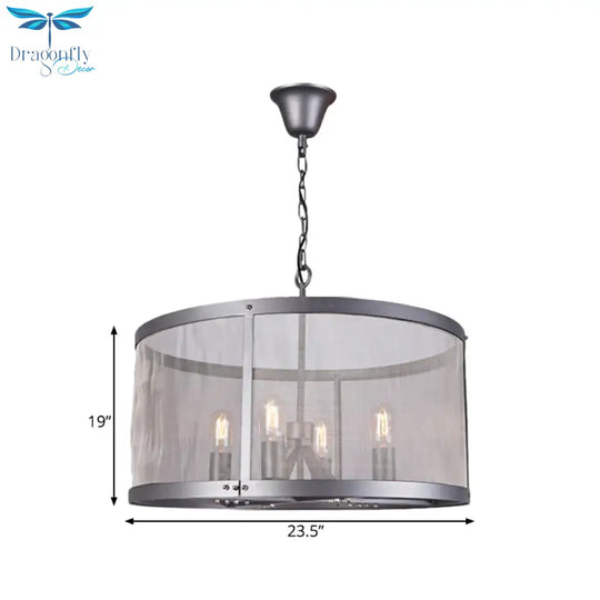 Cylindrical Screen Iron Hanging Pendant Farmhouse 2/4 Lights Black Chandelier Lighting