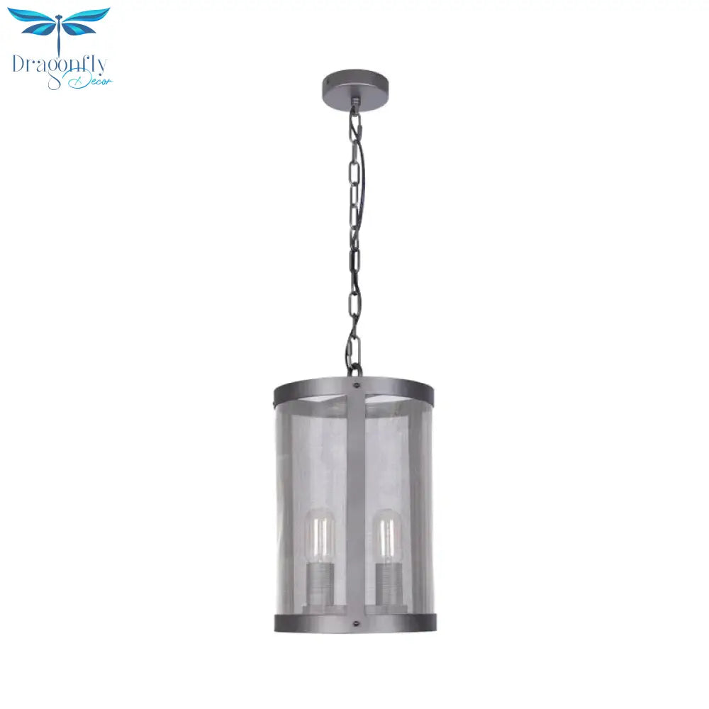 Cylindrical Screen Iron Hanging Pendant Farmhouse 2/4 Lights Black Chandelier Lighting