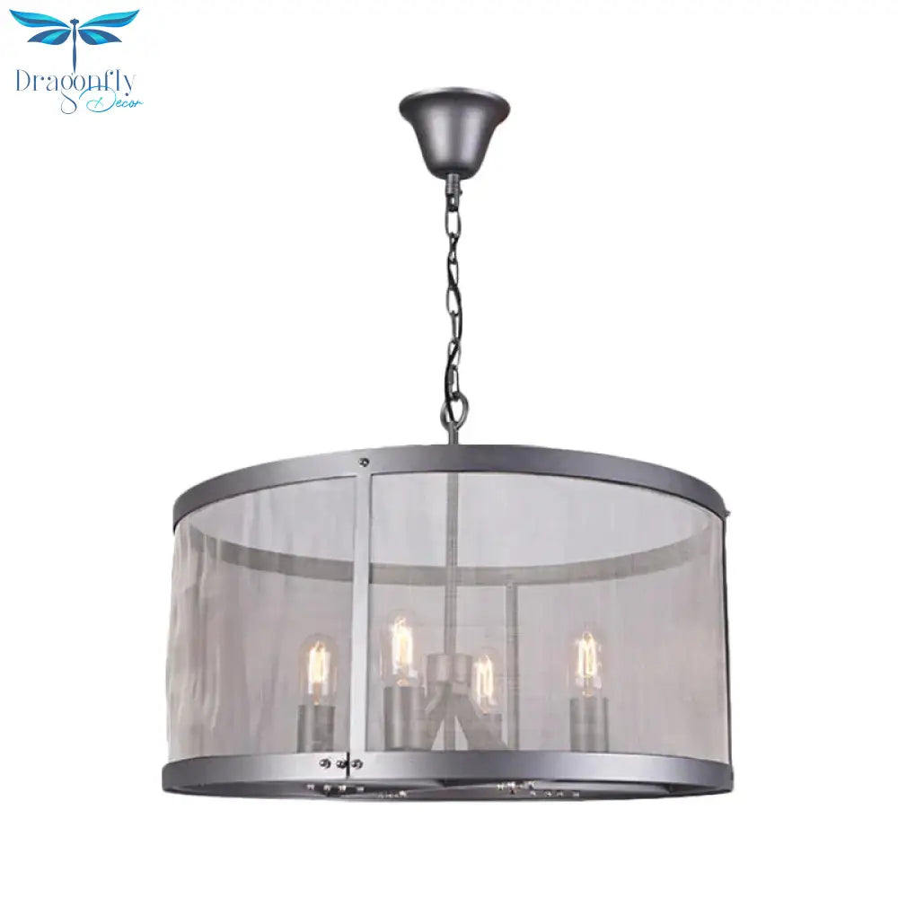 Cylindrical Screen Iron Hanging Pendant Farmhouse 2/4 Lights Black Chandelier Lighting