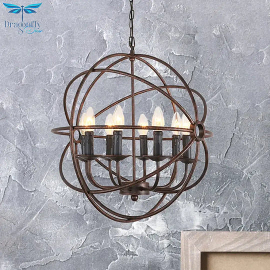 Dark Rust Orb Cage Suspension Light With Candle Design Rustic Stylish Wrought Iron 8 Heads Indoor
