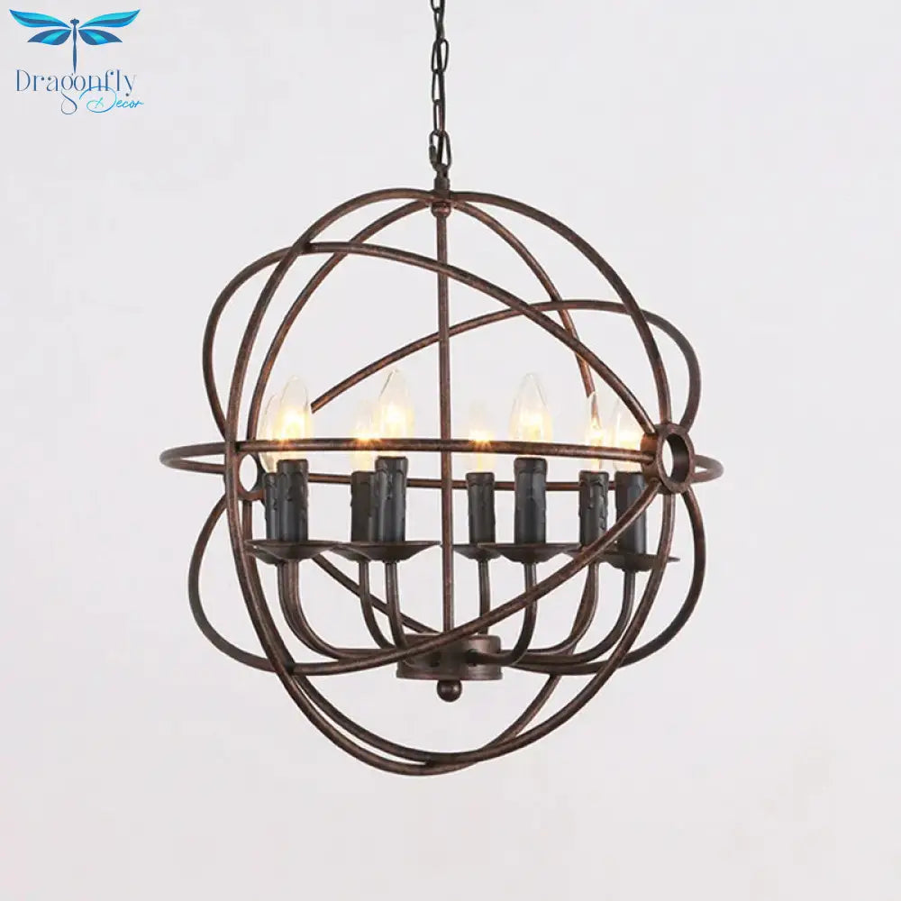 Dark Rust Orb Cage Suspension Light With Candle Design Rustic Stylish Wrought Iron 8 Heads Indoor