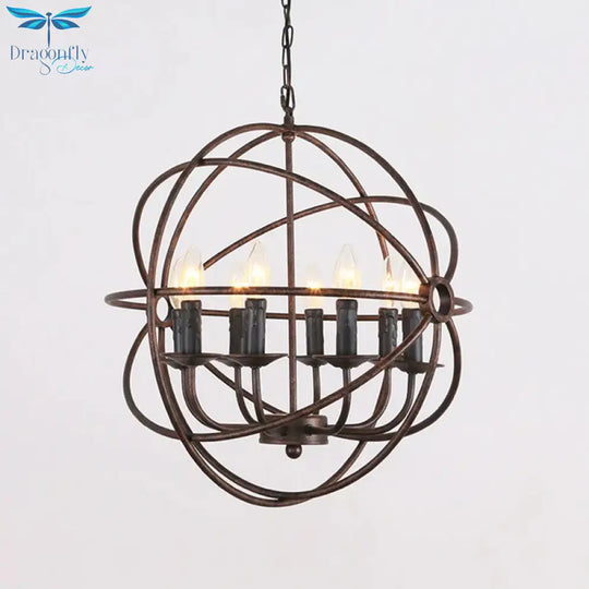 Dark Rust Orb Cage Suspension Light With Candle Design Rustic Stylish Wrought Iron 8 Heads Indoor