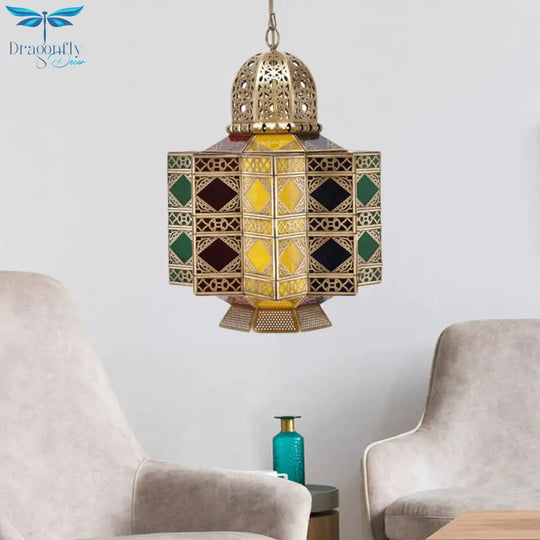 Decorative Lantern Pendant Light 6 - Bulb Stained Glass Hanging Chandelier In Brass For Living Room