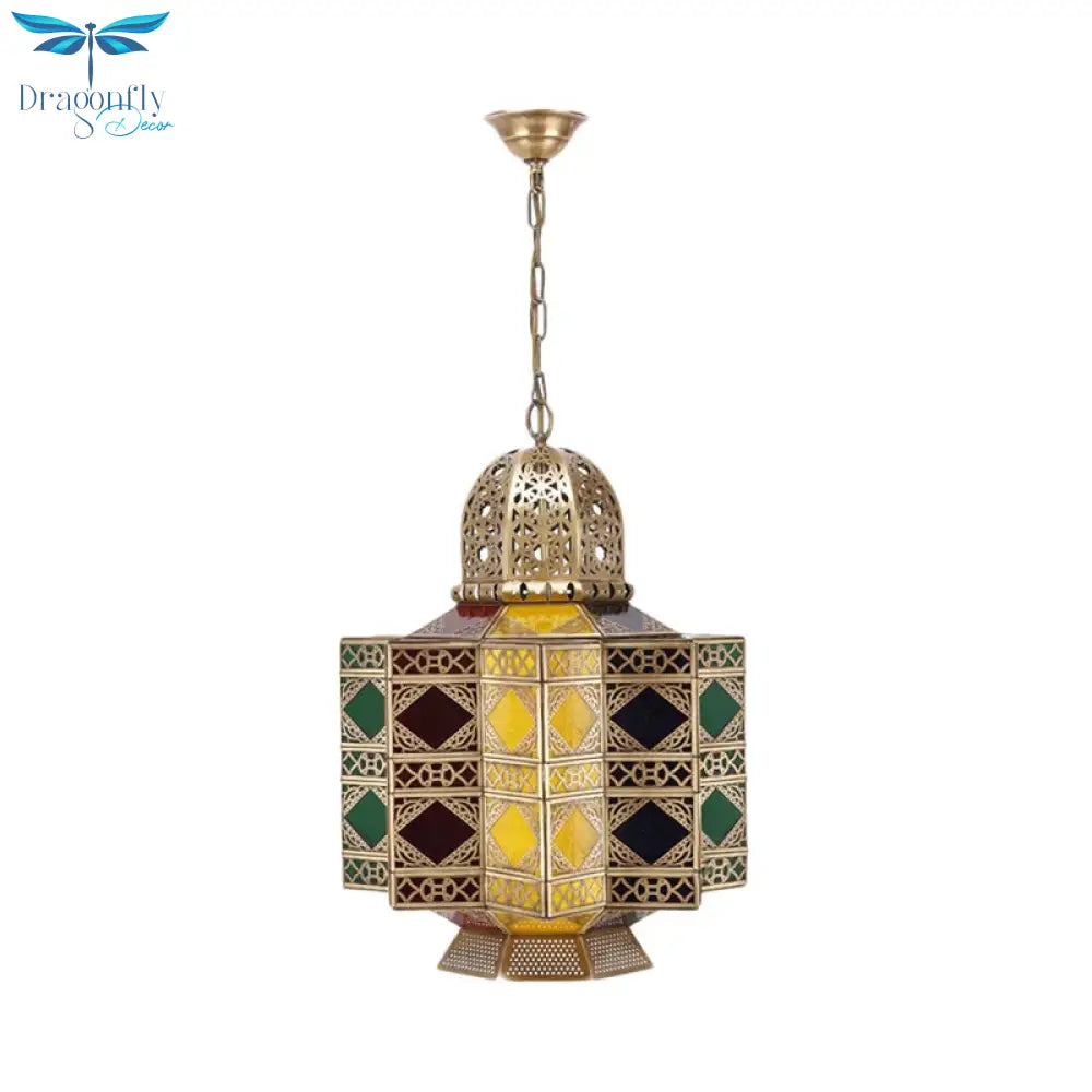 Decorative Lantern Pendant Light 6 - Bulb Stained Glass Hanging Chandelier In Brass For Living Room