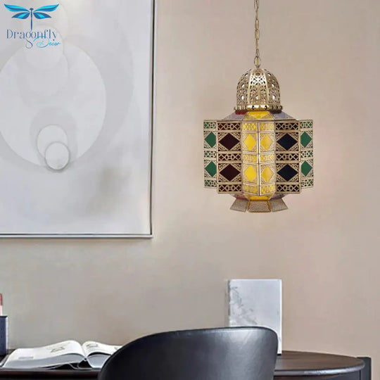 Decorative Lantern Pendant Light 6 - Bulb Stained Glass Hanging Chandelier In Brass For Living Room