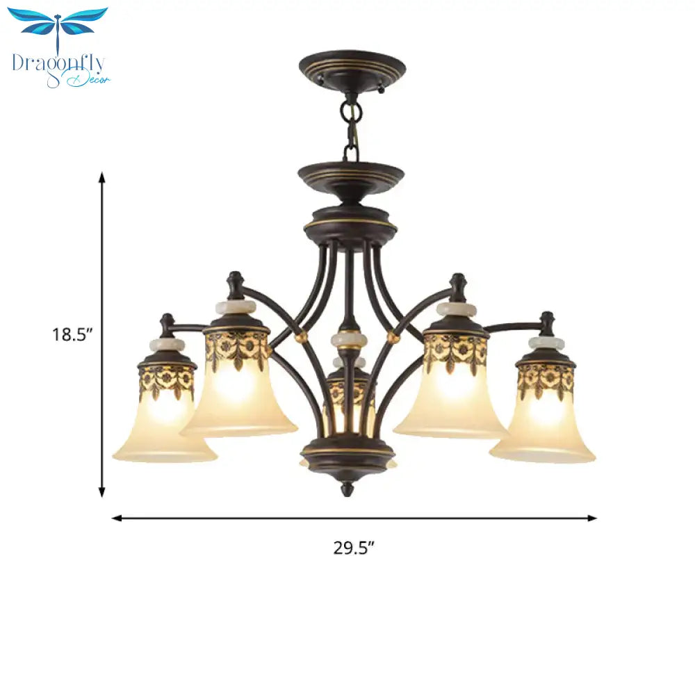 Deep Tan Bell Pendant Lighting Traditional Frosted Glass 3/5/6 Lights Living Room Chandelier