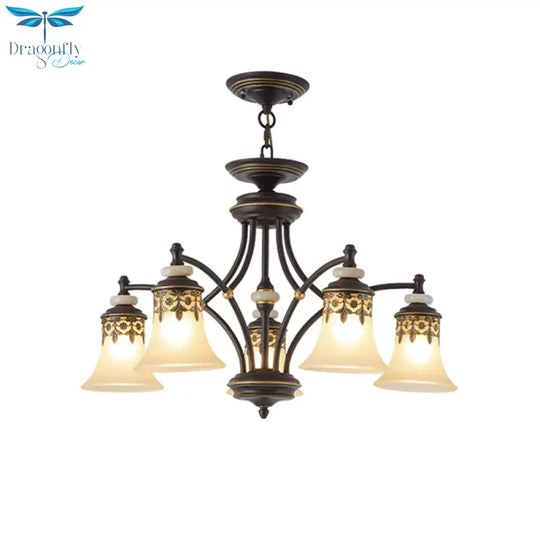 Deep Tan Bell Pendant Lighting Traditional Frosted Glass 3/5/6 Lights Living Room Chandelier