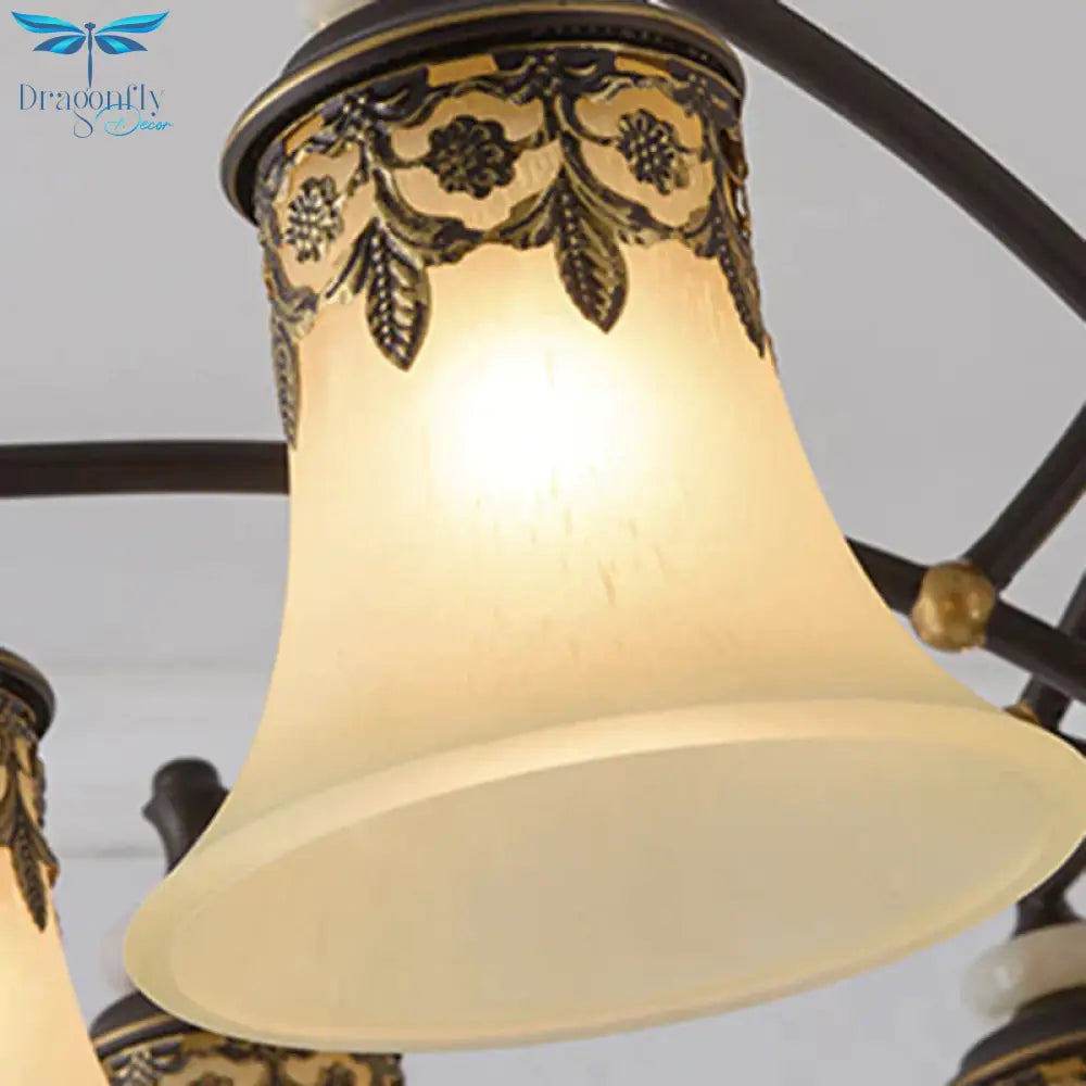 Deep Tan Bell Pendant Lighting Traditional Frosted Glass 3/5/6 Lights Living Room Chandelier
