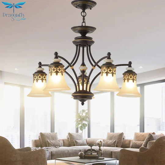 Deep Tan Bell Pendant Lighting Traditional Frosted Glass 3/5/6 Lights Living Room Chandelier