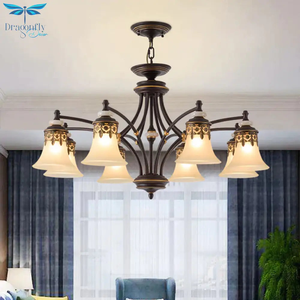 Deep Tan Bell Pendant Lighting Traditional Frosted Glass 3/5/6 Lights Living Room Chandelier