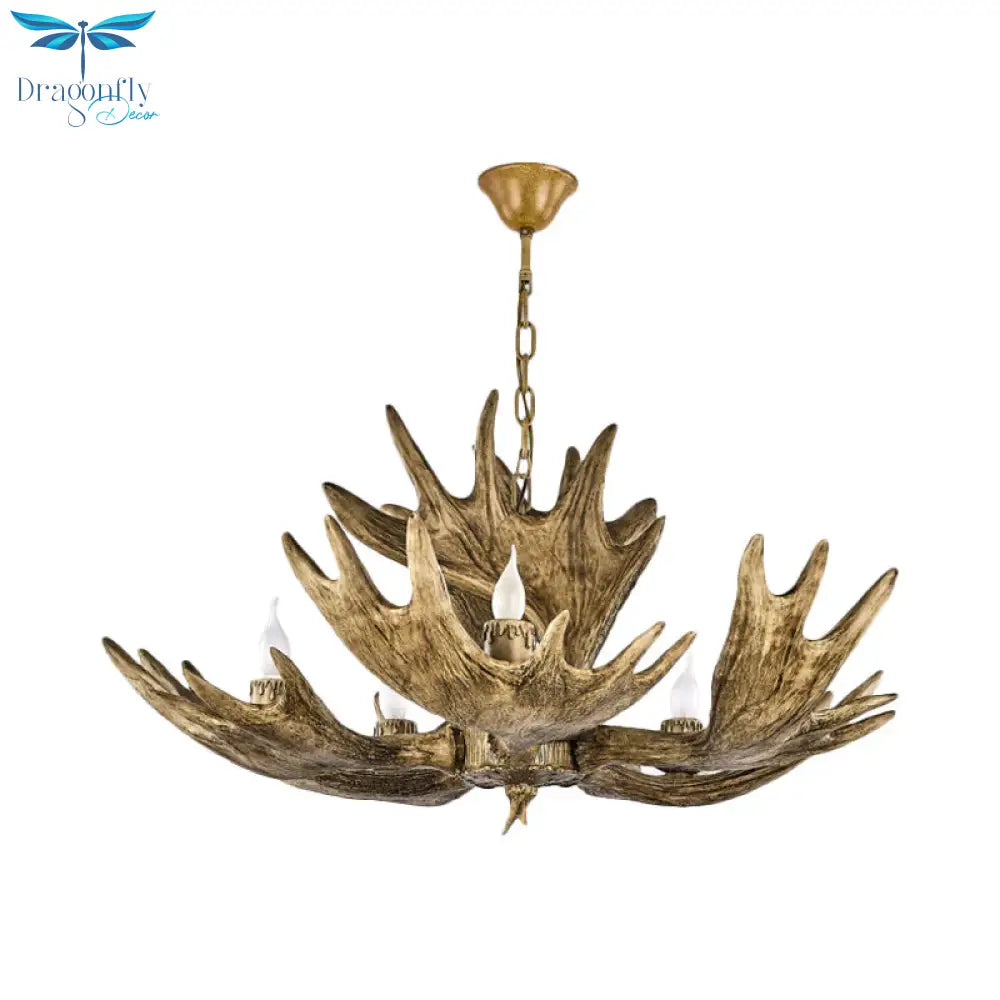 Deer Antler Resin Ceiling Light Traditional 5 - Bulb Living Room Pendant Chandelier In Brown