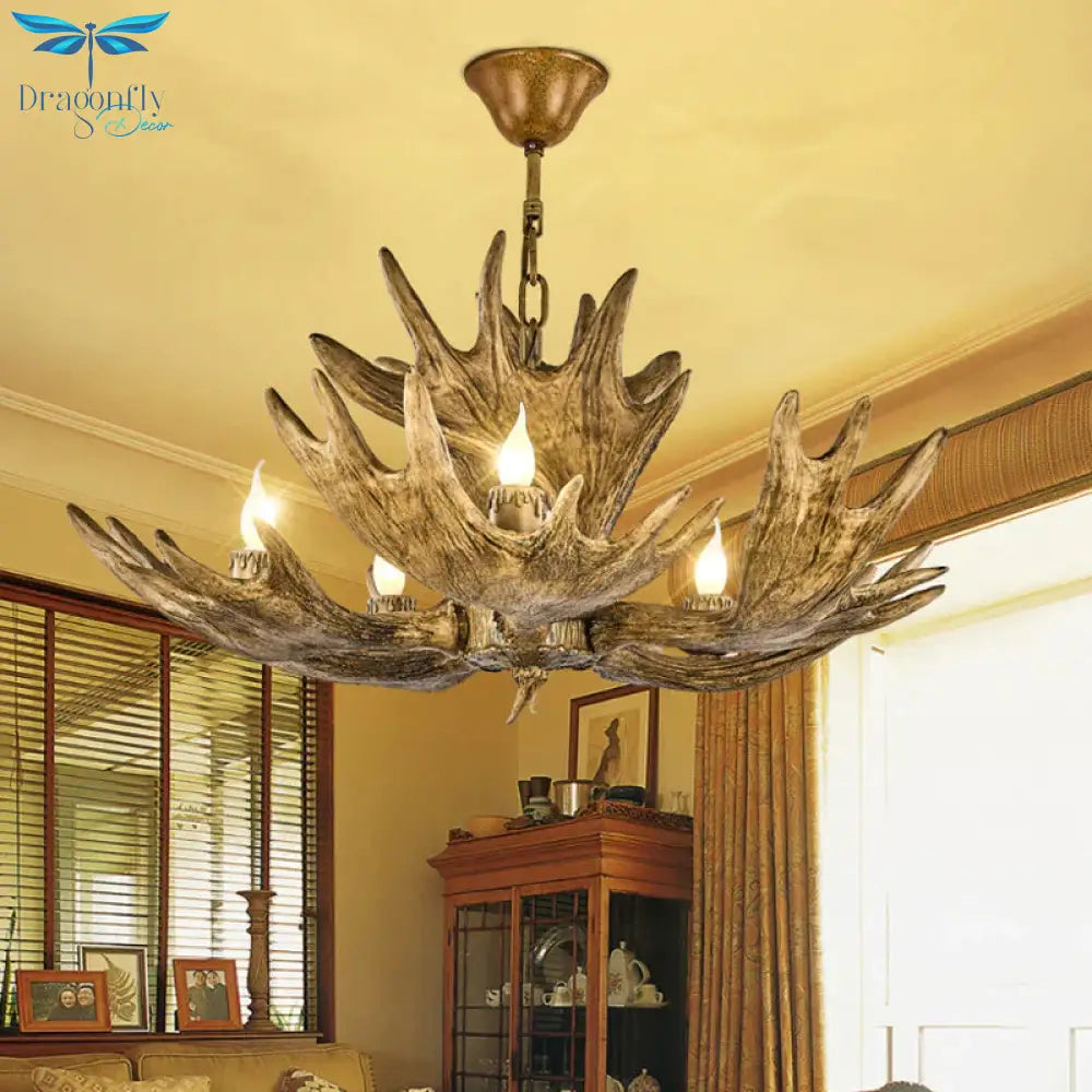 Deer Antler Resin Ceiling Light Traditional 5 - Bulb Living Room Pendant Chandelier In Brown