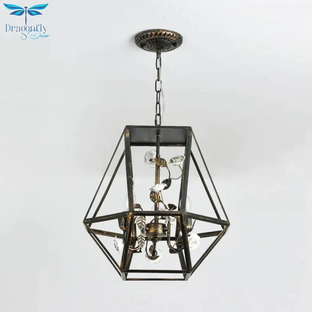 Diamond Cage Wine Bar Chandelier Rustic Metal 3 - Light Black Suspension Pendant Light