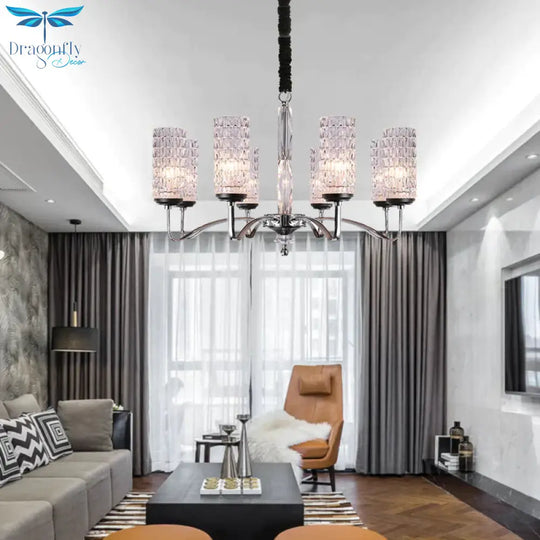 Dimpled Crystal Chrome Pendant Light Cylinder 8 Heads Simple Style Ceiling Chandelier