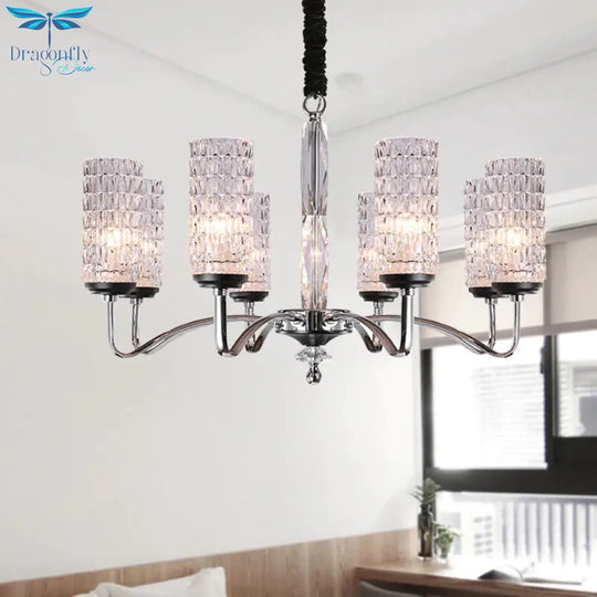 Dimpled Crystal Chrome Pendant Light Cylinder 8 Heads Simple Style Ceiling Chandelier