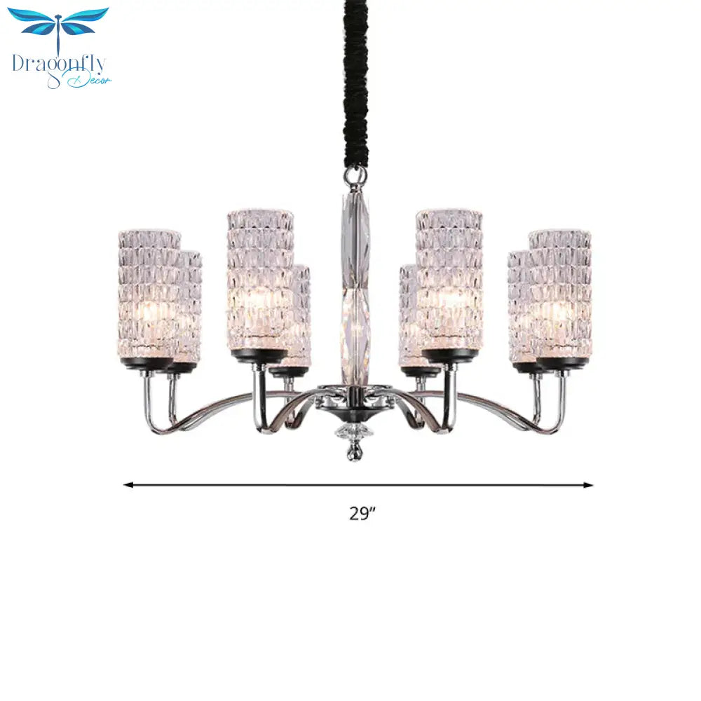 Dimpled Crystal Chrome Pendant Light Cylinder 8 Heads Simple Style Ceiling Chandelier