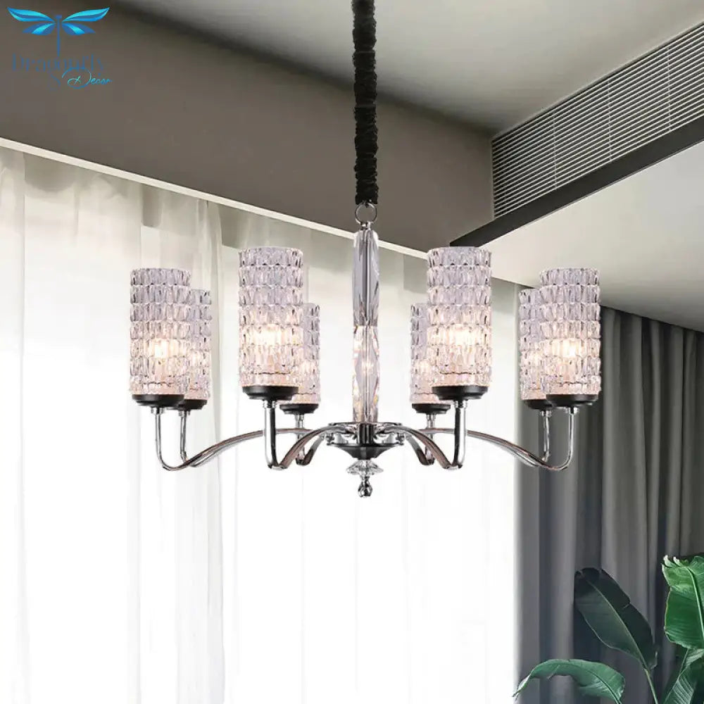 Dimpled Crystal Chrome Pendant Light Cylinder 8 Heads Simple Style Ceiling Chandelier