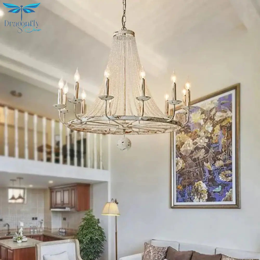 Distressed White Candle Ceiling Chandelier Modernism Crystal 5/6/8 Heads Hanging Light Fixture