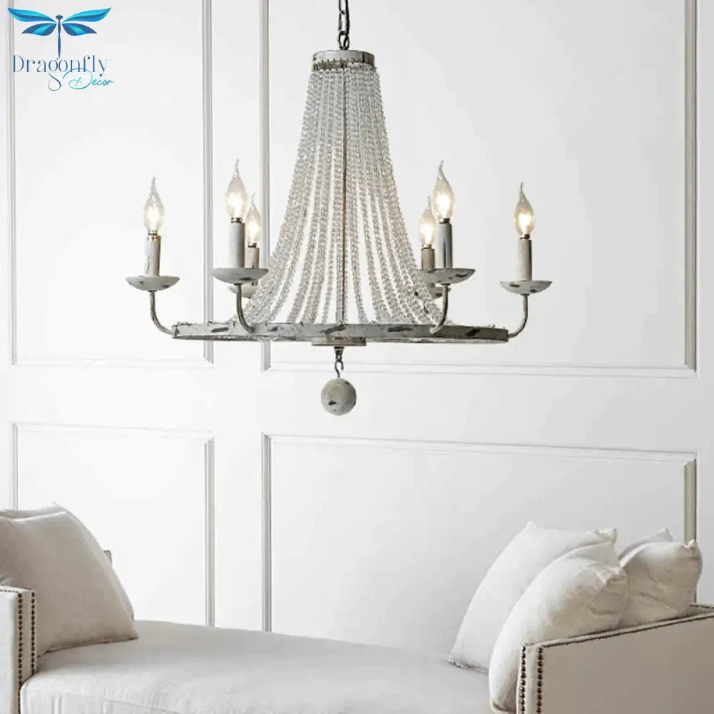 Distressed White Candle Ceiling Chandelier Modernism Crystal 5/6/8 Heads Hanging Light Fixture