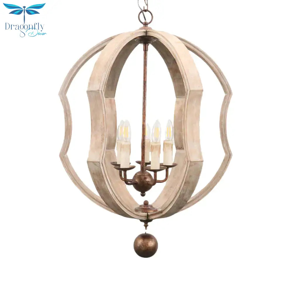 Distressed White Globe Chandelier Lighting Modern Wood 5 Bulbs Pendant Light Fixture With