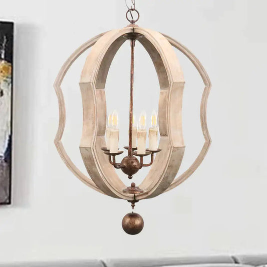 Distressed White Globe Chandelier Lighting Modern Wood 5 Bulbs Pendant Light Fixture With