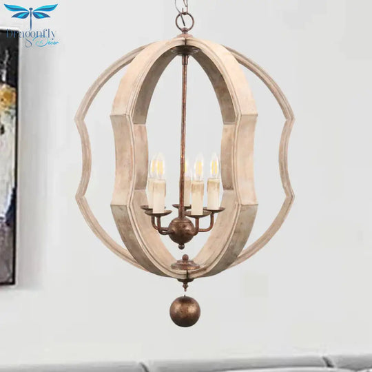 Distressed White Globe Chandelier Lighting Modern Wood 5 Bulbs Pendant Light Fixture With