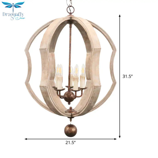 Distressed White Globe Chandelier Lighting Modern Wood 5 Bulbs Pendant Light Fixture With