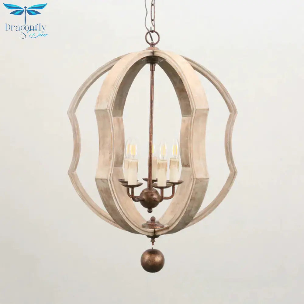 Distressed White Globe Chandelier Lighting Modern Wood 5 Bulbs Pendant Light Fixture With
