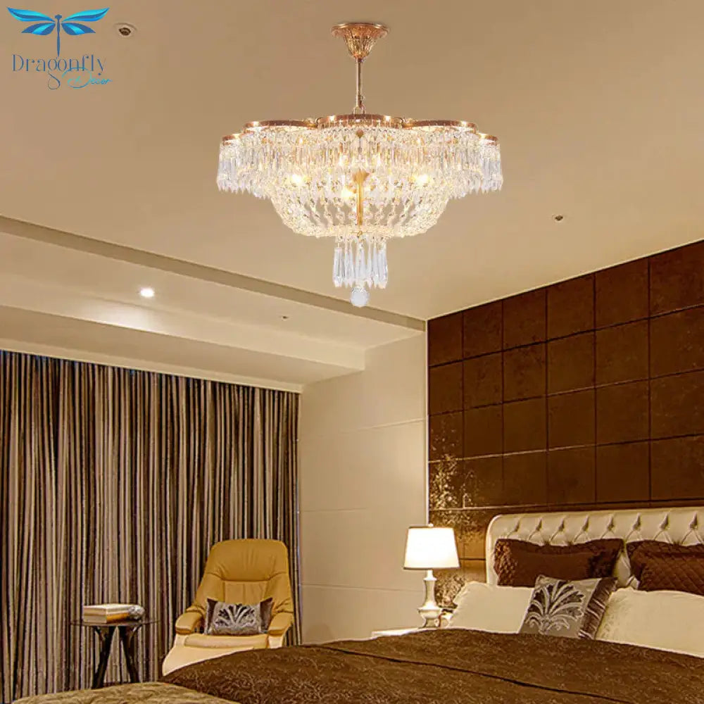 Dome Bedroom Hanging Chandelier Simple Crystal Strand 4 Heads Gold Suspension Light Fixture