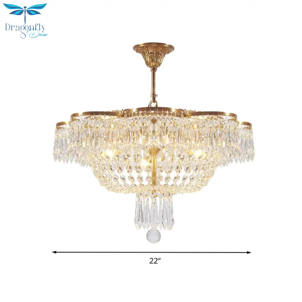 Dome Bedroom Hanging Chandelier Simple Crystal Strand 4 Heads Gold Suspension Light Fixture