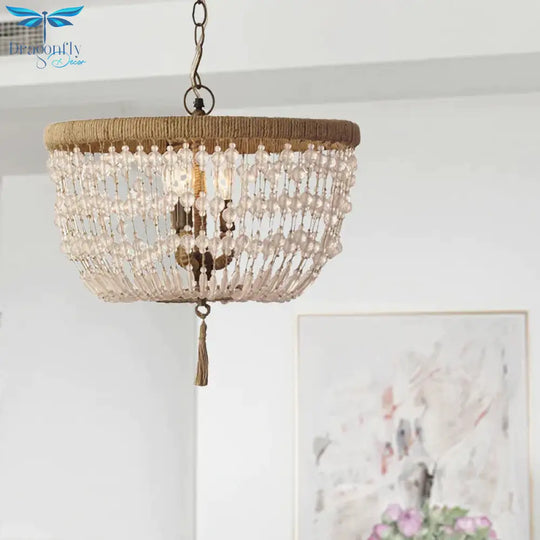 Dome Chandelier Light Rustic Crystal 3 Heads Clear Hanging Lamp With Rope Ring For Bedroom
