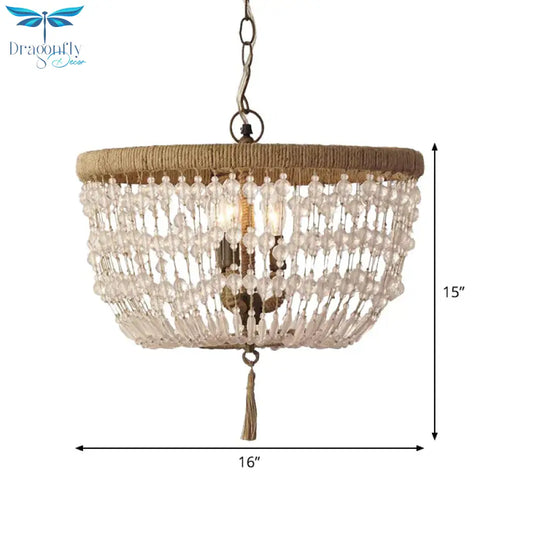 Dome Chandelier Light Rustic Crystal 3 Heads Clear Hanging Lamp With Rope Ring For Bedroom