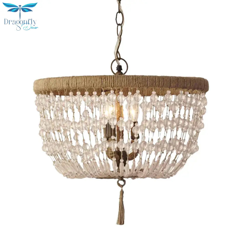 Dome Chandelier Light Rustic Crystal 3 Heads Clear Hanging Lamp With Rope Ring For Bedroom