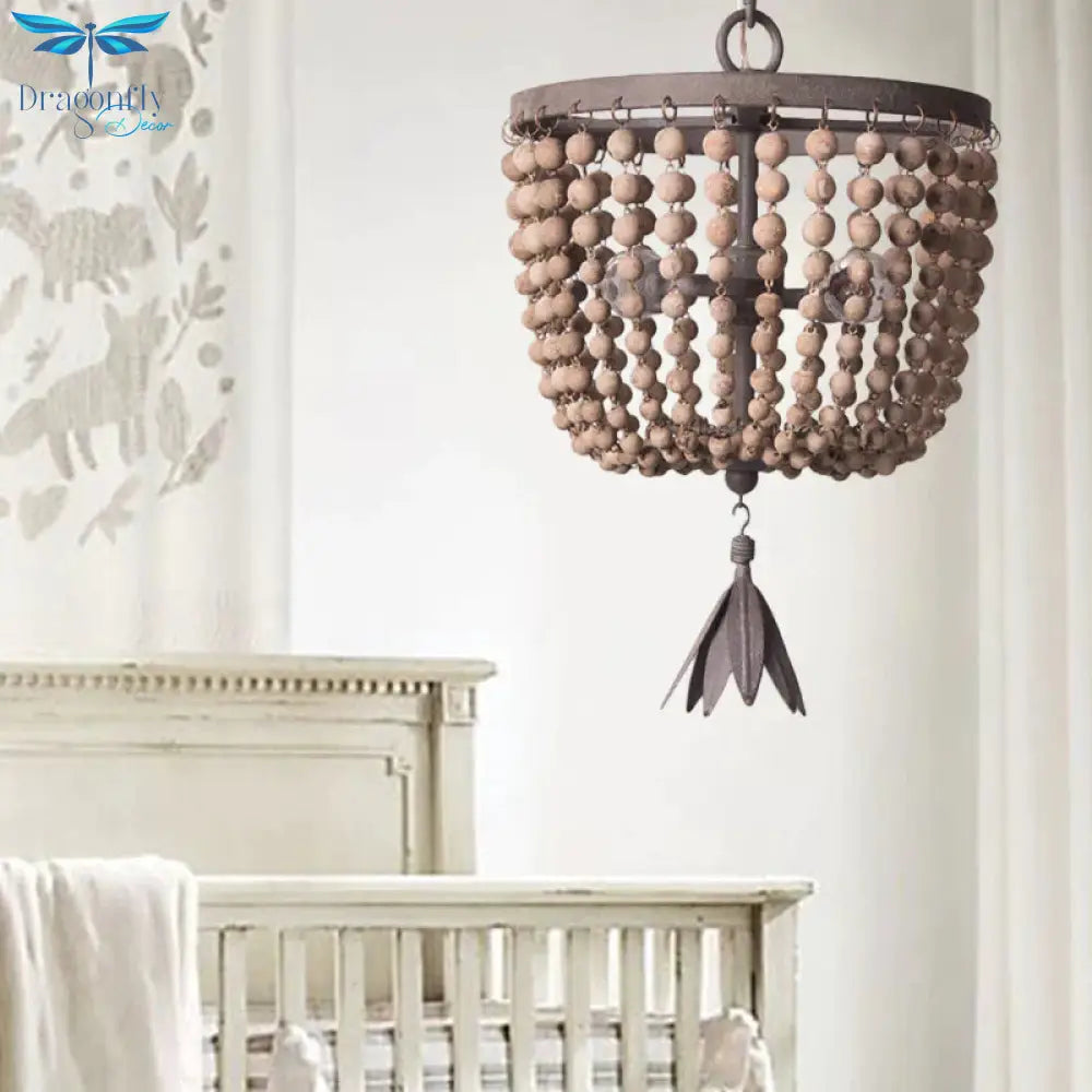Dome Chandelier Lighting Retro Wood White 3 Bulbs Hanging Ceiling Light With Adjustable Chain