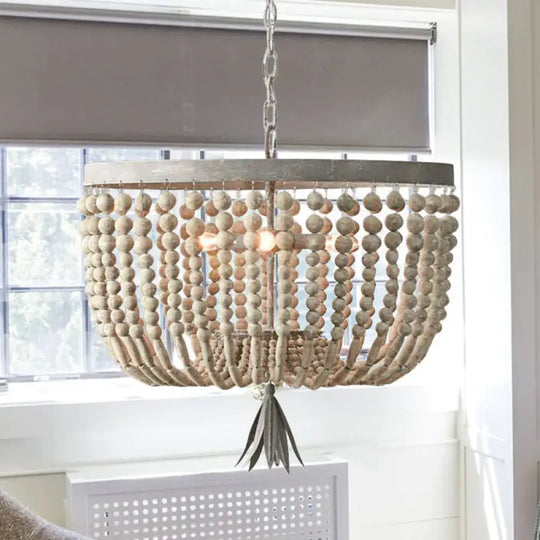 Dome Chandelier Lighting Retro Wood White 3 Bulbs Hanging Ceiling Light With Adjustable Chain
