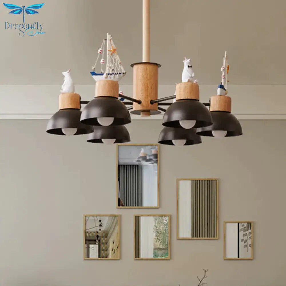 Dome Metallic Chandelier Lighting Cartoon 6 Bulbs Black/White Hanging Ceiling Light With Bear And