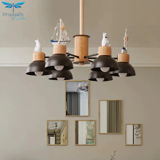 Dome Metallic Chandelier Lighting Cartoon 6 Bulbs Black/White Hanging Ceiling Light With Bear And