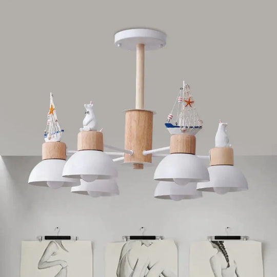 Dome Metallic Chandelier Lighting Cartoon 6 Bulbs Black/White Hanging Ceiling Light With Bear And