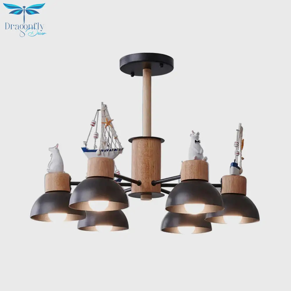 Dome Metallic Chandelier Lighting Cartoon 6 Bulbs Black/White Hanging Ceiling Light With Bear And