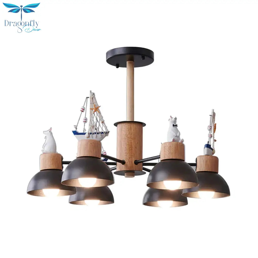 Dome Metallic Chandelier Lighting Cartoon 6 Bulbs Black/White Hanging Ceiling Light With Bear And